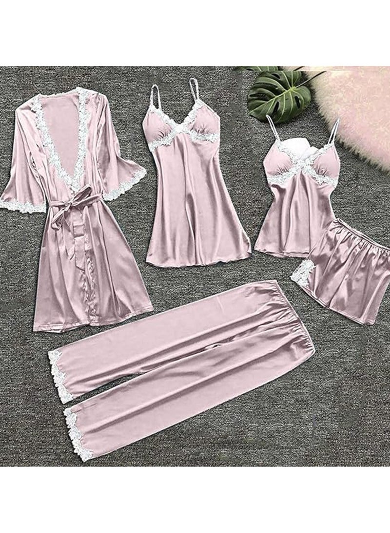 مجموعات بيجامات نسائية 5 قطع، بيجامات حريرية لطيفة للنساء، ملابس نوم ساتان ناعمة. - Image 2