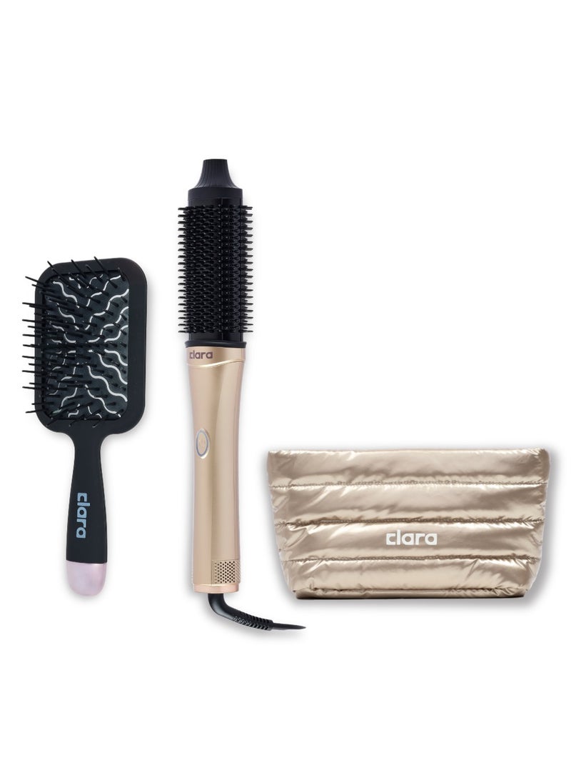 CLARA The Salon Blow-Dry Kit Bundle – Silver AirGlow 560W Hot Air Brush with BLDC Motor & Dual Voltage, Wide Paddle Detangling Hair Brush and Metallic Gold Toiletry Bag - Image 1