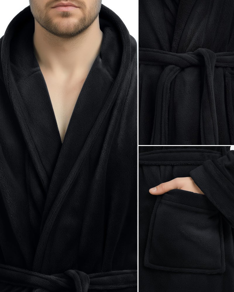 NY Threads روب رجال NY Threads مع غطاء رأس، روب استحمام فخم من الفليس، روب سبا للرجال، صغير/متوسط، أسود - Image 3