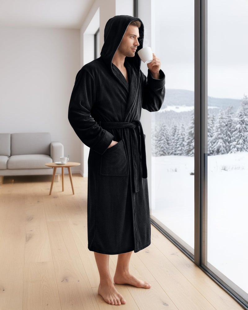 NY Threads روب رجال NY Threads مع غطاء رأس، روب استحمام فخم من الفليس، روب سبا للرجال، صغير/متوسط، أسود - Image 5