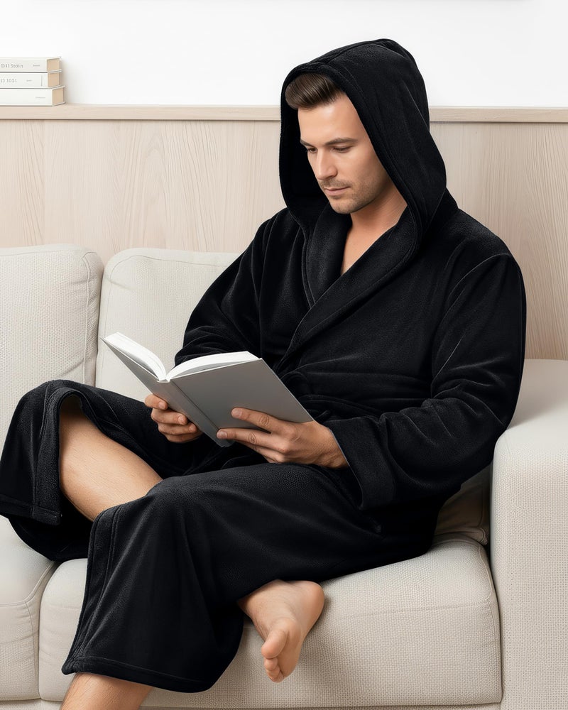 NY Threads روب رجال NY Threads مع غطاء رأس، روب استحمام فخم من الفليس، روب سبا للرجال، صغير/متوسط، أسود - Image 4
