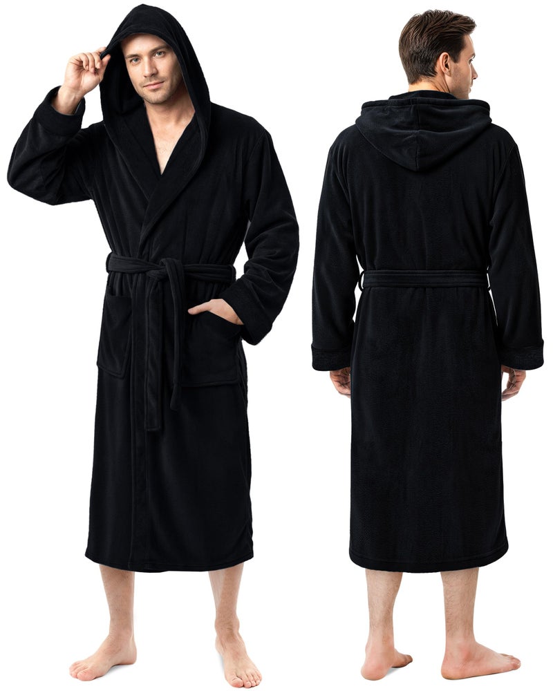 NY Threads روب رجال NY Threads مع غطاء رأس، روب استحمام فخم من الفليس، روب سبا للرجال، صغير/متوسط، أسود - Image 1