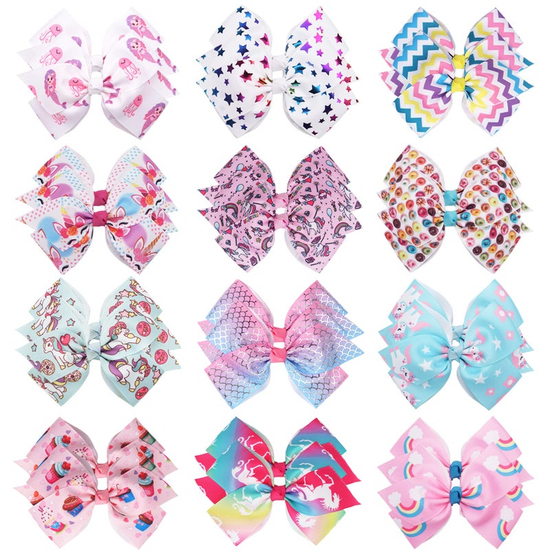 24PCS 45Inch Bows for Girls Boutique Grosgrain Ribbon Rainbow Hair Bow Alligator Hair Clips Pigtail Bows Unicorn Hair Clips for Baby Girls Toddler Kids Children Teens in Pairs