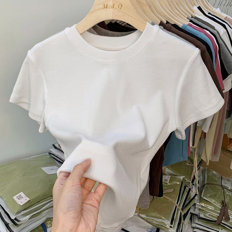 TikTok Quality American Style Back Bag Collar T-Shirt Womens Shoulder Short Sleeve European New Slimming Cotton Stacked Base Top YXQ#888# Black - Image 2