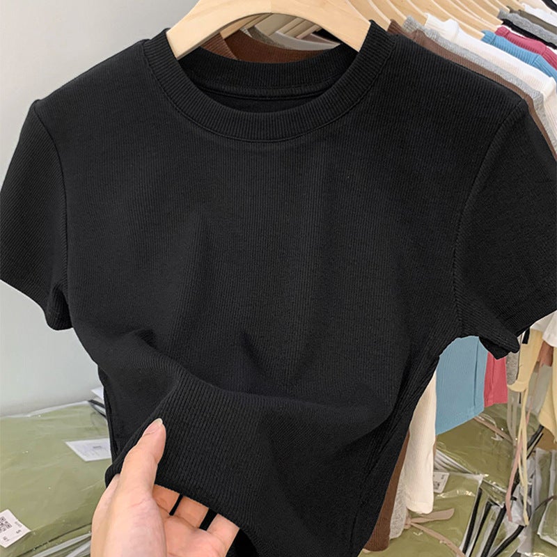 TikTok Quality American Style Back Bag Collar T-Shirt Womens Shoulder Short Sleeve European New Slimming Cotton Stacked Base Top YXQ#888# Black - Image 4
