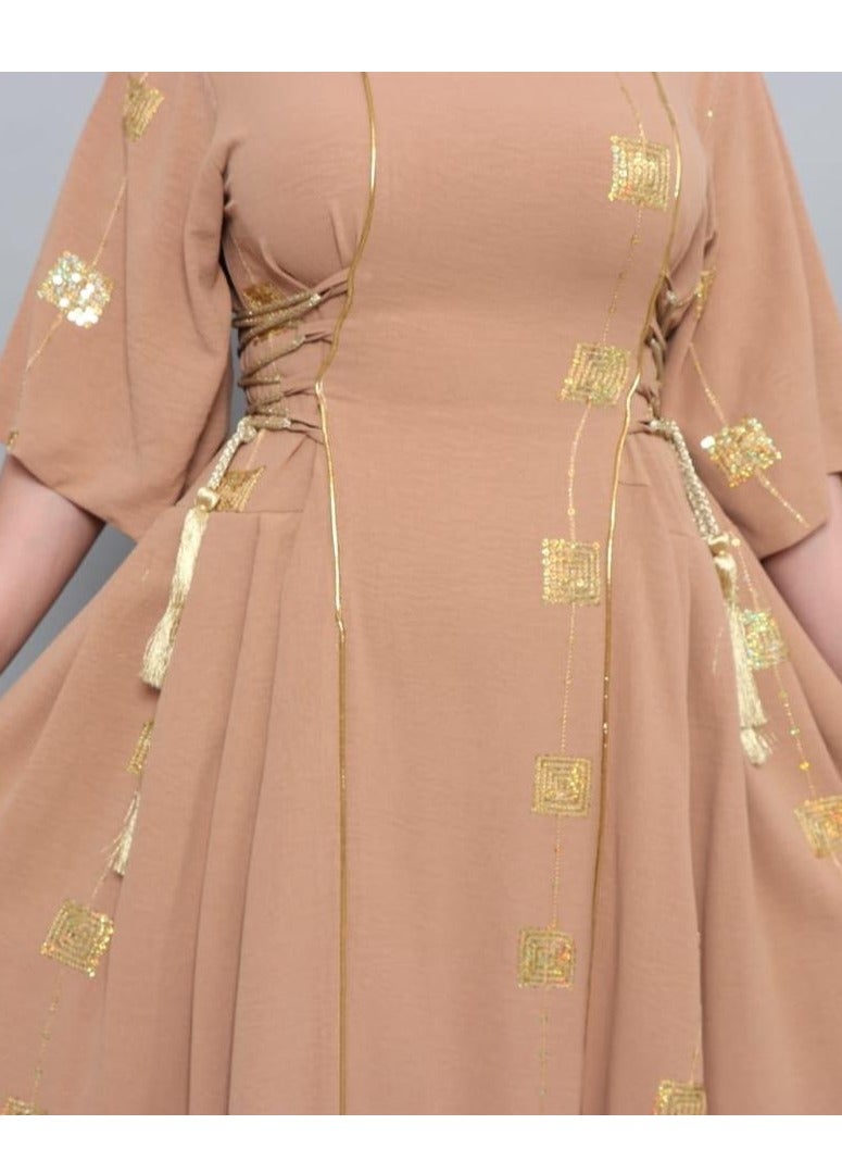 MyesuQ Light brown galabiya decorated with golden embroidery - Image 2