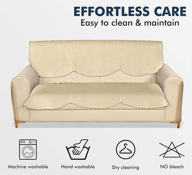 STARNSTYLE Velvet Self Design Quilted Sofa Chair Cover 3 Seater Beige - Image 3