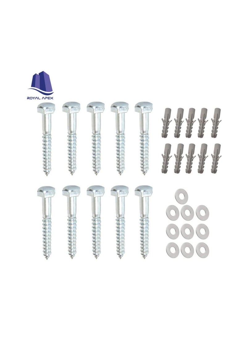 Generic 10 Pcs Galvanized (G.I) Hex Head Coach Screws with Washer & Fisher Plug Wood Working for Holding Together Heavy Timber, and Concrete Working. (10mm, Length 4 Inch)  - Image 1