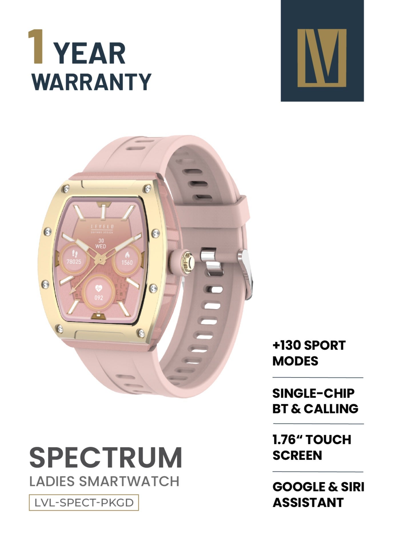 Spectrum Ladies Smart watch / Built-in Microphone & Speaker / Music Playback / Quick Menu Navigation / Built-in Games / Reminders / Single-Chip BT & Calling / Built-in Calculator / Up to 6 Days Bluetooth Connected - Pink/Gold