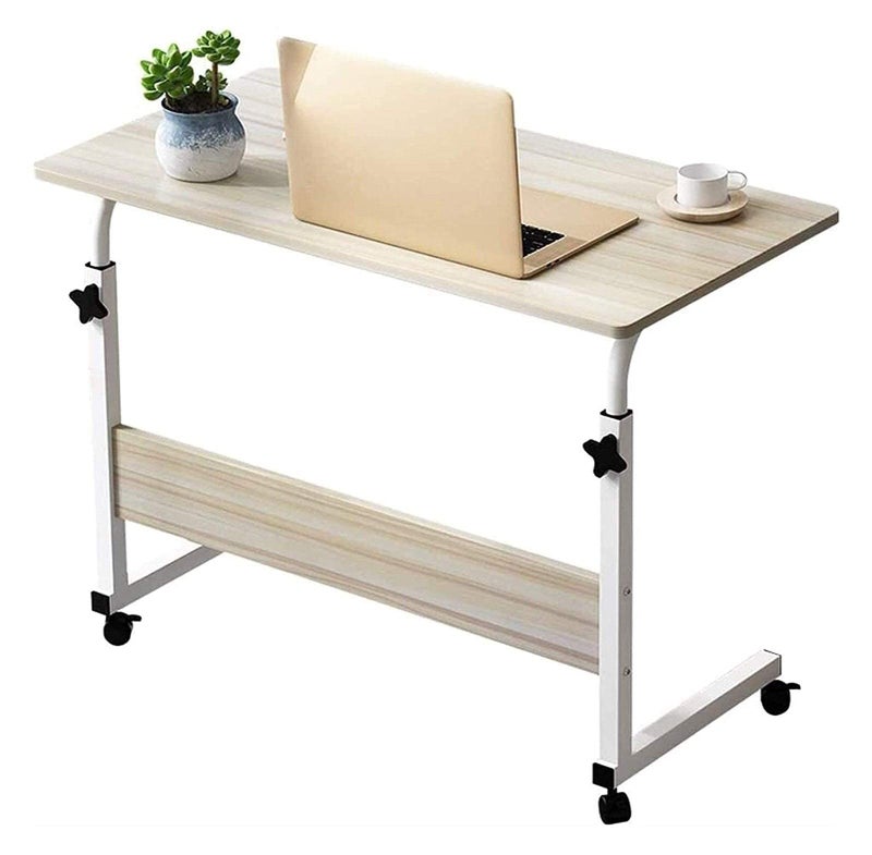 Side Table Unique C-shaped Bedside Table, Adjustable Height Laptop Stand, Wooden Workbench with Roller, Home Adjustable Cart Tray for Beds and Sofas (Size: 80x40cm)
