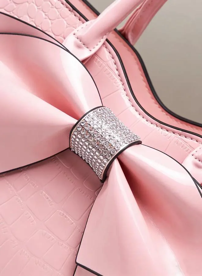 Take Two Pink Croc-Embossed Bow Handbag with Purse