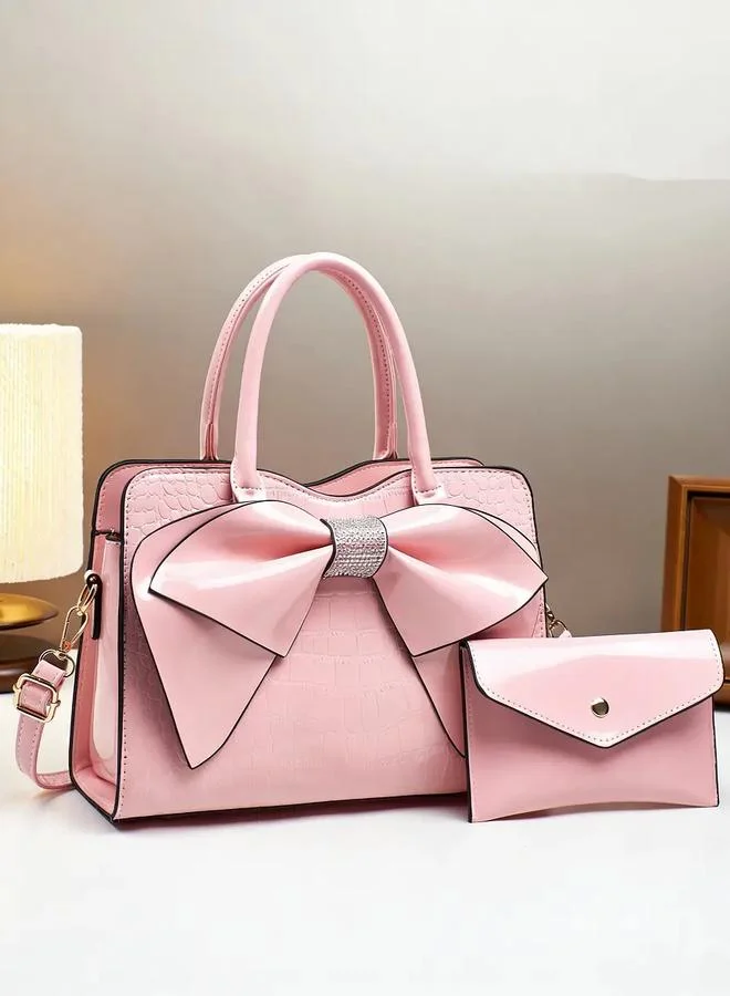 Take Two Pink Croc-Embossed Bow Handbag with Purse
