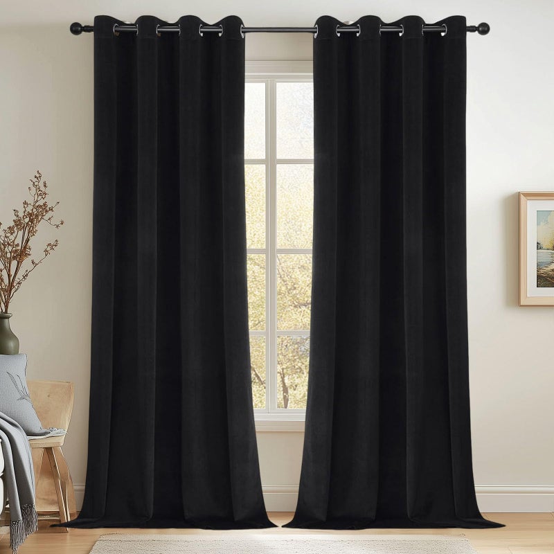 Joydeco Black 100% Blackout Curtains 84 Inch 2 Panels, Luxury Thermal Insulated Black Velvet Curtains for Bedroom Living Room, Soundproof Blackout Window Drapes, Grommet Top (52W x 84L) - Image 1