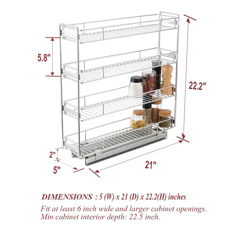 OCG 4-Tier Pull Out Kitchen Cabinet Spice Rack Holder Shelves (5" W x 21" D), Slide Out Slim Storage Wire Baskets for Storage Organization, Narrow Pull Out Storage for Narrow Space - Image 2