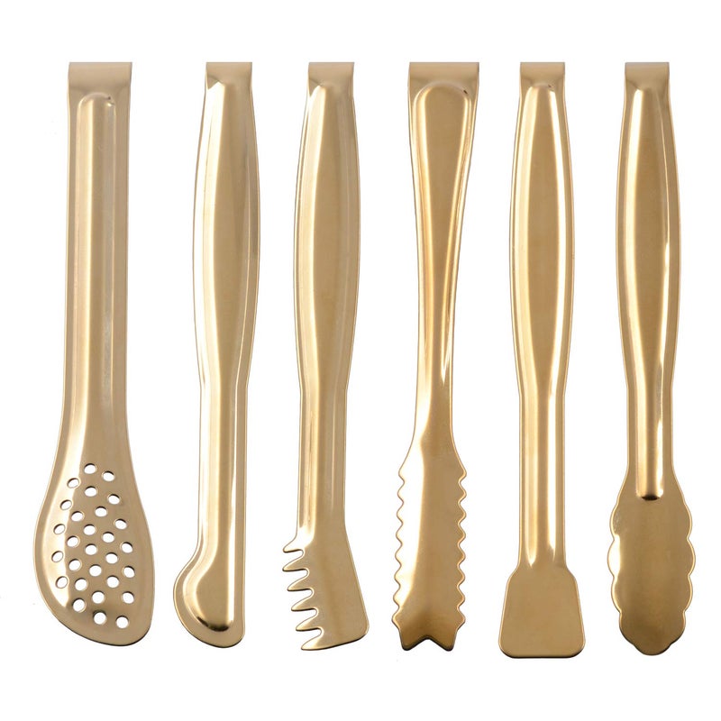 HINMAY Gold Plated Mini Serving Tongs Set 6-Inch Appetizers Tongs Stainless Steel Small Sugar Cube Tongs Ice Tongs, Set of 6 - Image 1