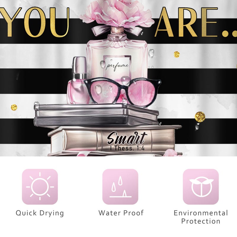 Riyidecor Pink Shower Curtainï¼ŒFashion Cute Curtains for Womenï¼ŒInspirational You are Black White Stripeï¼ŒModern Books Girls Flower Bathroom Decor Fabric Polyester Waterproof 12 Pack Hooks 60Wx72H Inch - Image 5