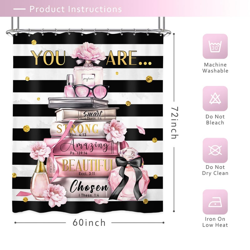 Riyidecor Pink Shower Curtainï¼ŒFashion Cute Curtains for Womenï¼ŒInspirational You are Black White Stripeï¼ŒModern Books Girls Flower Bathroom Decor Fabric Polyester Waterproof 12 Pack Hooks 60Wx72H Inch - Image 3