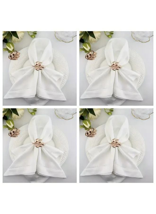 مناديل بيضاء 4 قطع 17.72 × 17.72 بوصة قطن بتصميم الورقة الذهبية لديكور حفلات الزفاف والمطاعم - Image 1