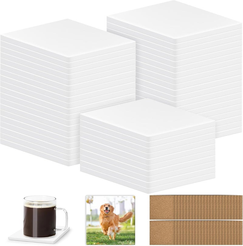 phepetroll 48 PCS Sublimation Coasters Blanks Ceramic Tiles Bulk 4x4 White Unglazed Glazed Ceramic Tiles for Crafts with 48 Cork Sticker Back, Square Coasters Sublimation for Heat Transfer DIY Painting - Image 1