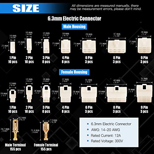 Glarks 400Pcs 6.3mm 1 2 3 4 6 8 9 Pin Electrical Automotive Wire Connector Male Female Socket Plug and Pin Header Crimp Wire Terminals Kit for Motorcycle, Bike, Car, Boats - Image 2