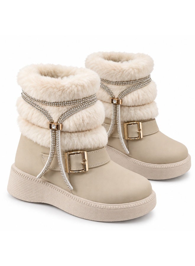 Girls' Winter Ankle Boots with Soft Faux Fur Lining, Rhinestone & Buckle Detail