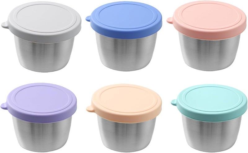 PandaEar 6 Pack 2.4 oz Stainless Steel Condiment Containers with Leakproof Silicone Lids, Reusable Small Sauce Cups for Salad Dressing, Lunch Box, Travel & Meal Prep, Dishwasher & Freezer Safe - Image 1