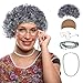 GenmeiFBH Old Lady Wig Costume Set,Gray Hair Grandma Wig,Granny Costume Set with Hair Cap,Glasses, Glasses Chain and Pearl Necklace, 5 Piece Set - Image 2