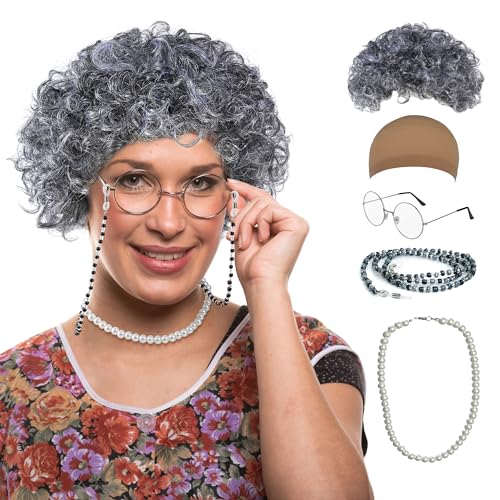 GenmeiFBH Old Lady Wig Costume Set,Gray Hair Grandma Wig,Granny Costume Set with Hair Cap,Glasses, Glasses Chain and Pearl Necklace, 5 Piece Set - Image 1