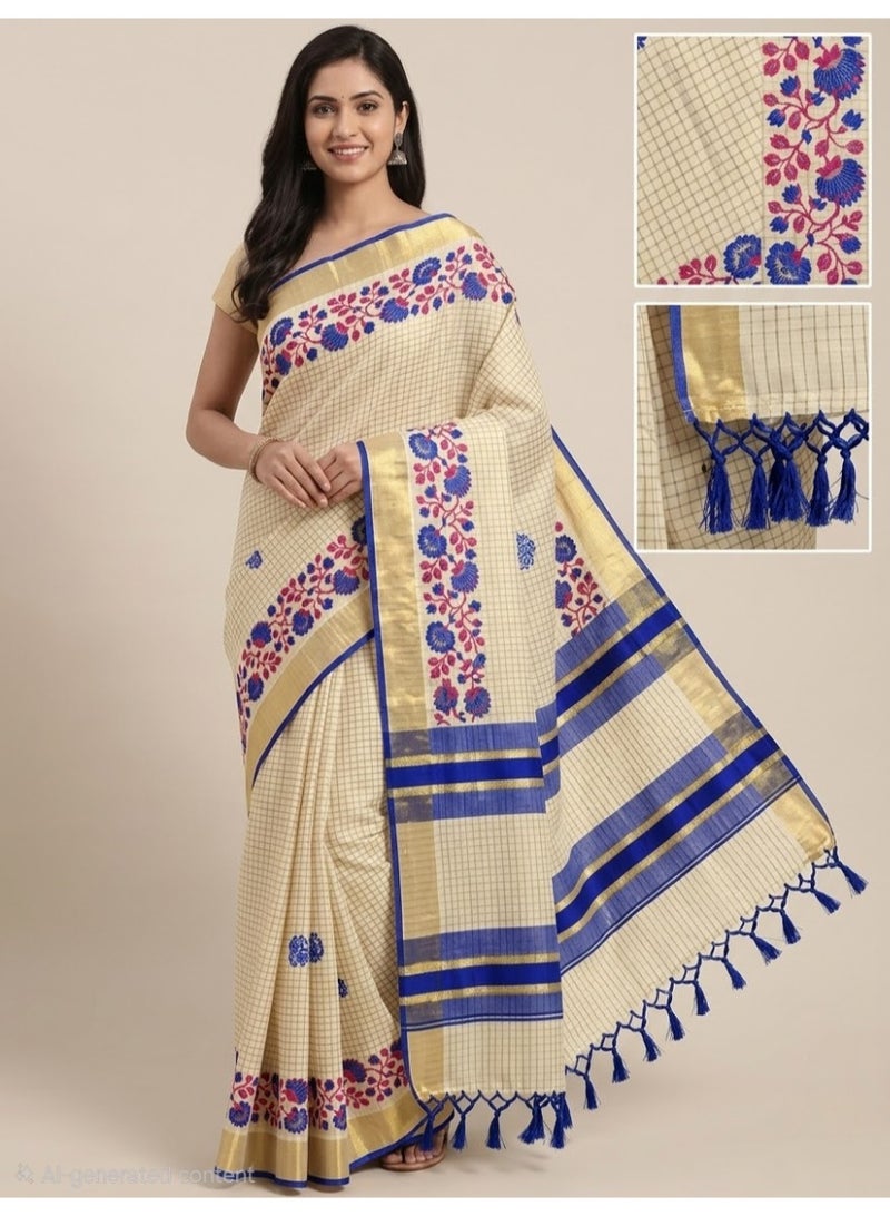 Aashvi Kuthampully Cotton Saree with Check Design, Floral Print, Golden & Blue Kasavu Border, Tassels - Image 1