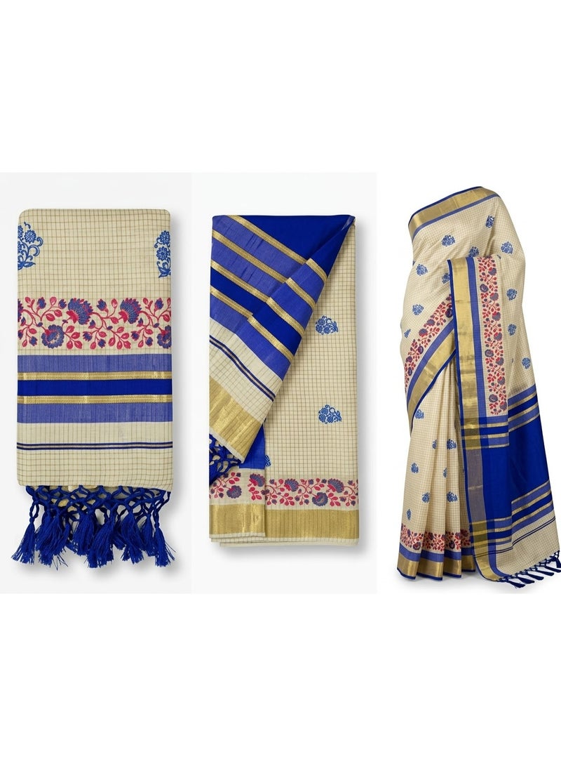 Aashvi Kuthampully Cotton Saree with Check Design, Floral Print, Golden & Blue Kasavu Border, Tassels - Image 2