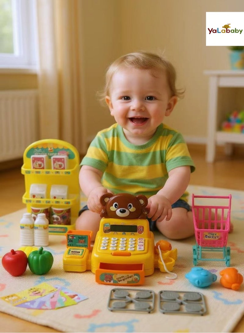 YalaBaby Electric Cash Register Simulation Toy Set With Sound- Interactive Supermarket Shopping Pretend Playsets Including Life-Likely Groceries Shopping Cart Cashier System  -Educational and Fun Toy Gift for Unisex Age Above 3  - Image 1