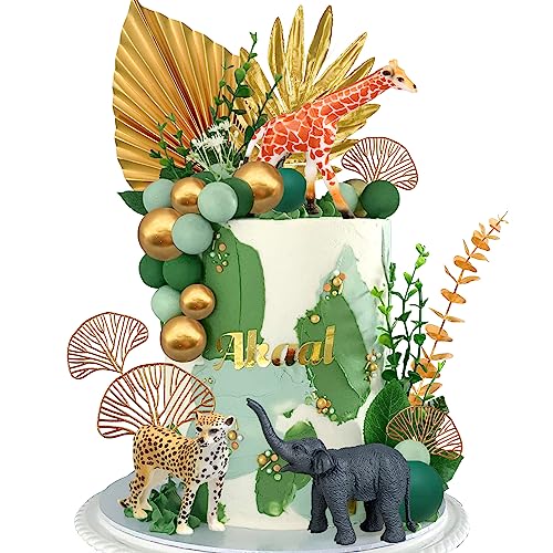 DRWATE 26 PCS Jungle Animal Cake Toppers Safari Animals Figure Gold Palms Picks Jungle Wild One Animals Cake Decorations for Safari Theme Birthday style 1 - Image 1