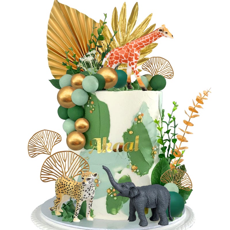DRWATE 26 PCS Jungle Animal Cake Toppers Safari Animals Figure Gold Palms Picks Jungle Wild One Animals Cake Decorations for Safari Theme Birthday style 1 - Image 2