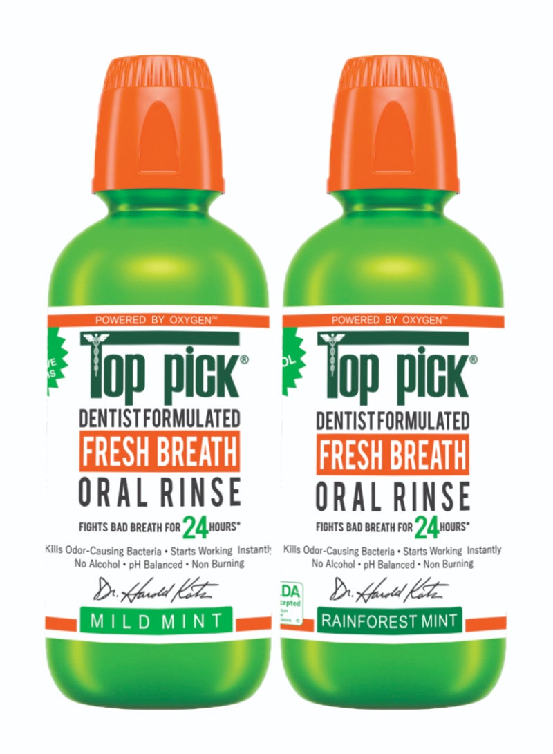 Top Pick Mild Mint Plus Rainforest Mint Fresh Breath Dentist Formulated Oral Rinse, Combo Pack Of 2