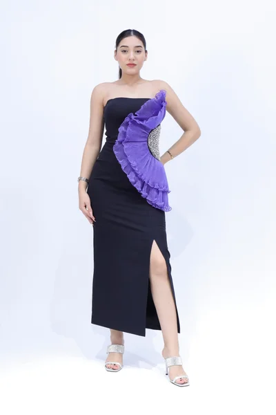 ان لاف Elegant Female Party Dress in Stretch Jersey Fabric with Stone Detailing.