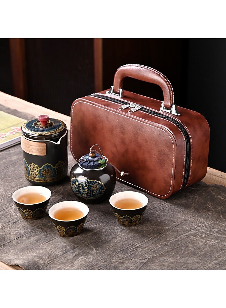 VINNYSEN طقم شاي الكونغ فو الخزفي، طقم شاي صيني محمول للسفر مع إبريق شاي وعلبة شاي 3 أكواب وحقيبة سفر مناسبة للسفر والمنزل والمكتب في الهواء الطلق - Image 1