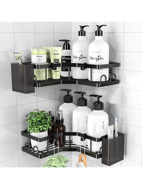 2 Pack Removable Rustproof No Drilling Metal Home Corner Shower Storage Caddy, Bathroom Storage Organizer Rack, Floating Corner Storage Shelve with 4 Hooks & 2 Toothpaste Holders