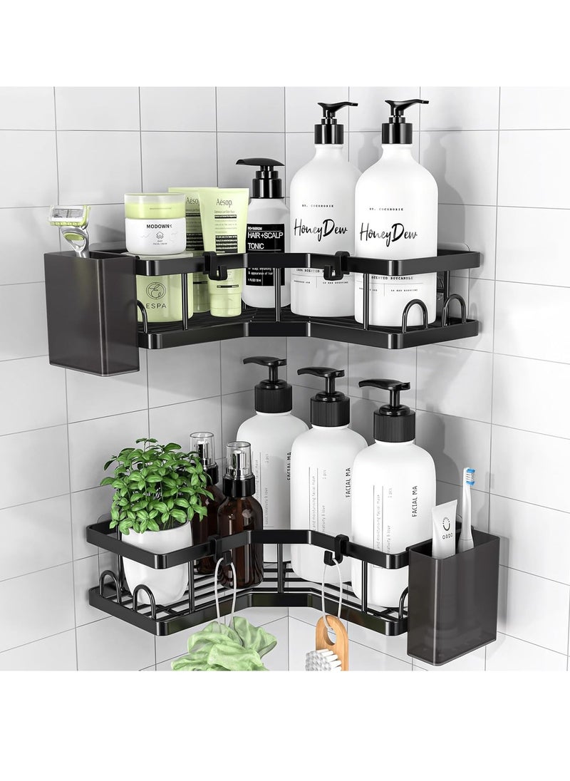 2 Pack Removable Rustproof No Drilling Metal Home Corner Shower Storage Caddy, Bathroom Storage Organizer Rack, Floating Corner Storage Shelve with 4 Hooks & 2 Toothpaste Holders