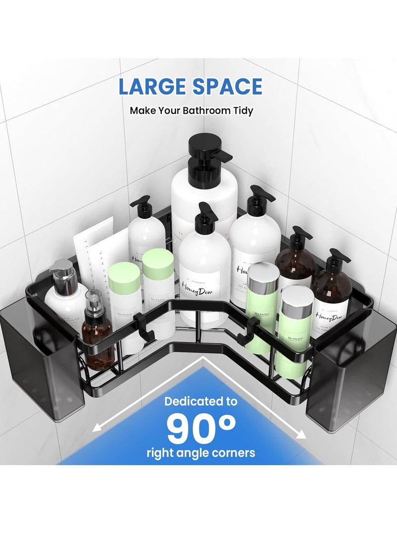 2 Pack Removable Rustproof No Drilling Metal Home Corner Shower Storage Caddy, Bathroom Storage Organizer Rack, Floating Corner Storage Shelve with 4 Hooks & 2 Toothpaste Holders