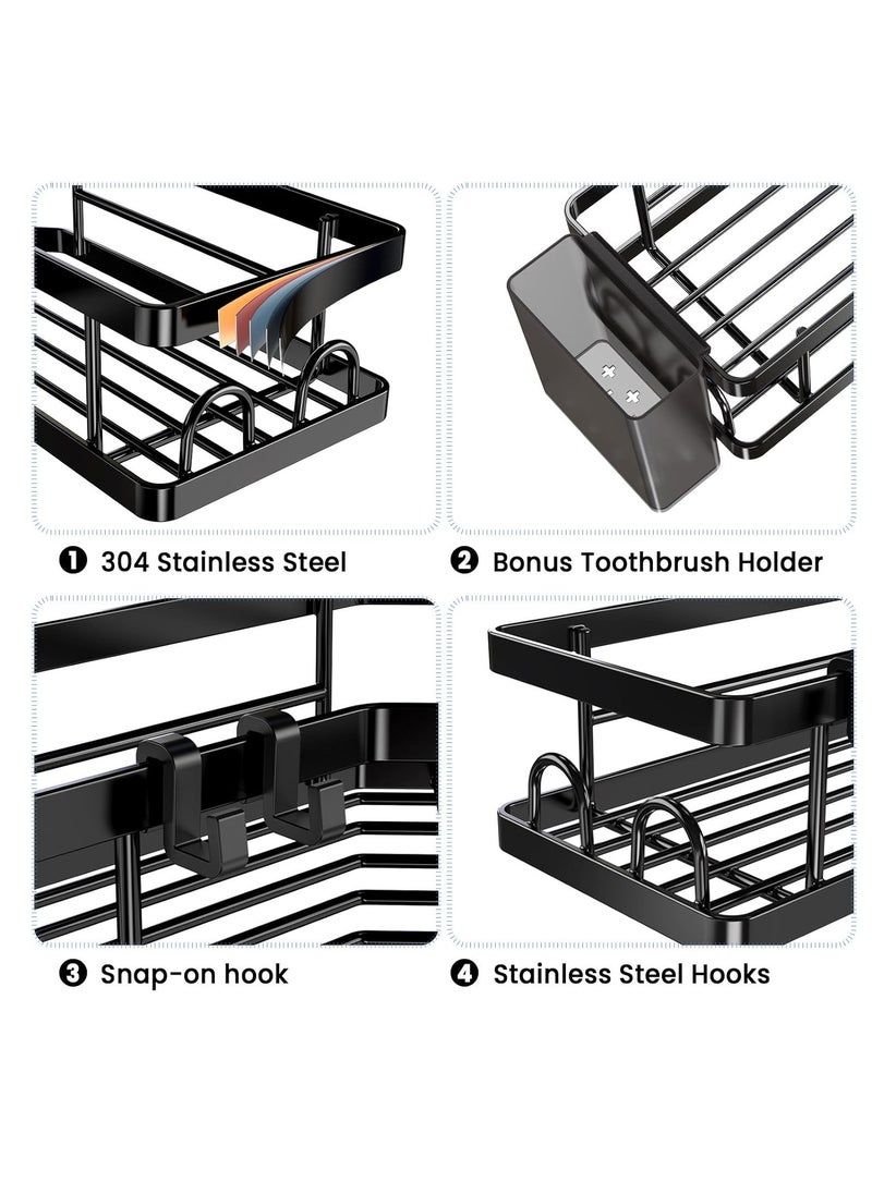 2 Pack Removable Rustproof No Drilling Metal Home Corner Shower Storage Caddy, Bathroom Storage Organizer Rack, Floating Corner Storage Shelve with 4 Hooks & 2 Toothpaste Holders
