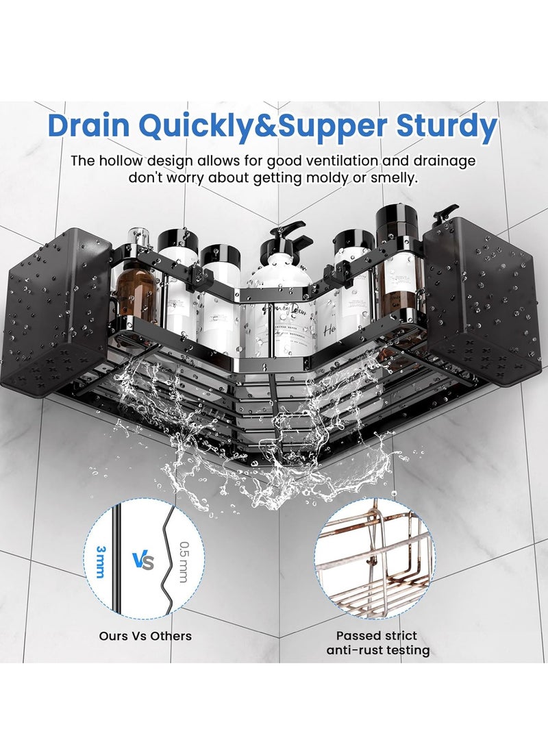 2 Pack Removable Rustproof No Drilling Metal Home Corner Shower Storage Caddy, Bathroom Storage Organizer Rack, Floating Corner Storage Shelve with 4 Hooks & 2 Toothpaste Holders