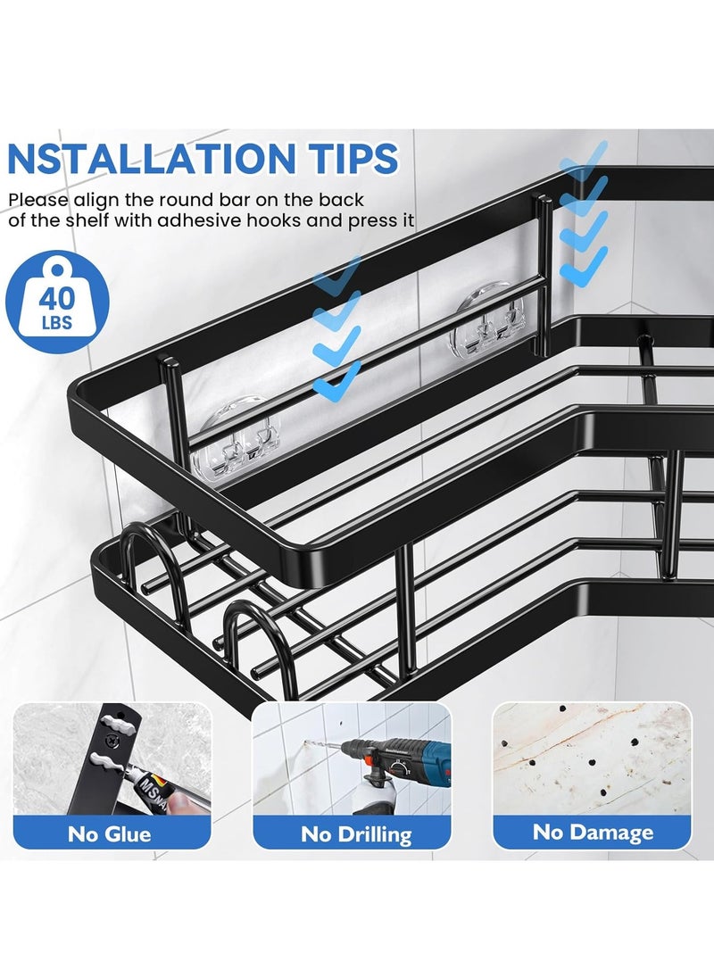 2 Pack Removable Rustproof No Drilling Metal Home Corner Shower Storage Caddy, Bathroom Storage Organizer Rack, Floating Corner Storage Shelve with 4 Hooks & 2 Toothpaste Holders