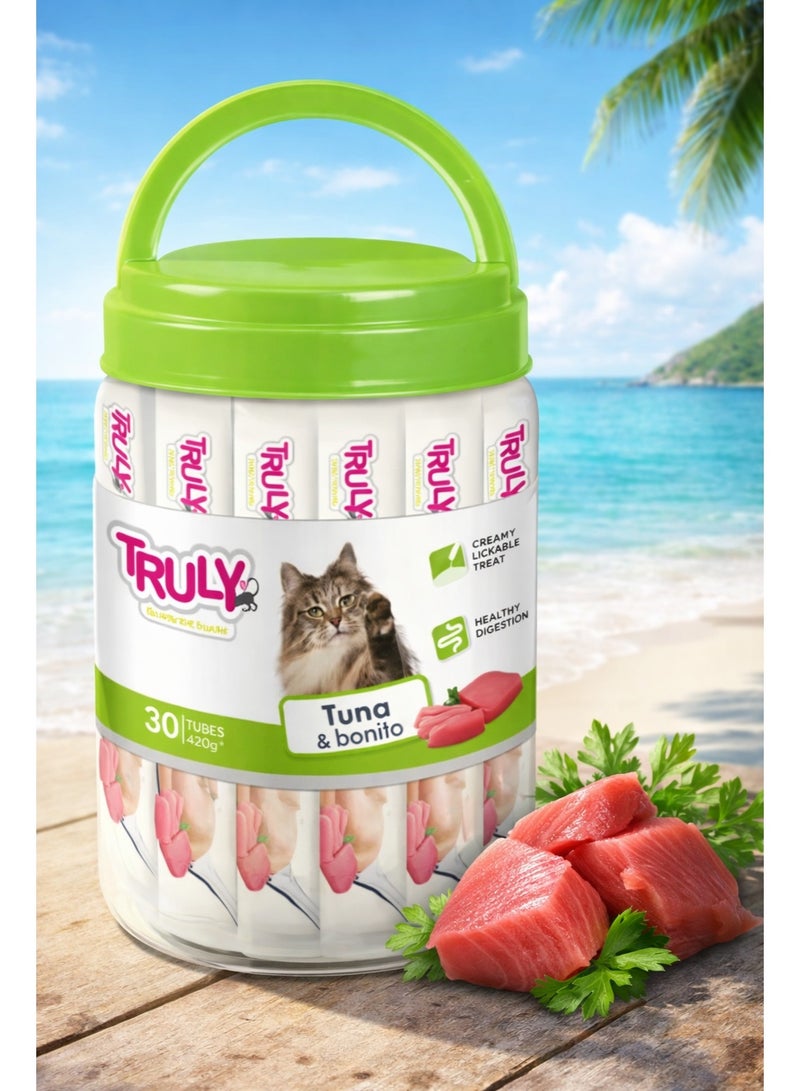 مكافآت كريمية للقطط قابلة للحس – نكهة التونة والبونيتو – طبيعية 100% ومنخفضة السعرات – 70 جم (30 أنابيب × 14 جم)