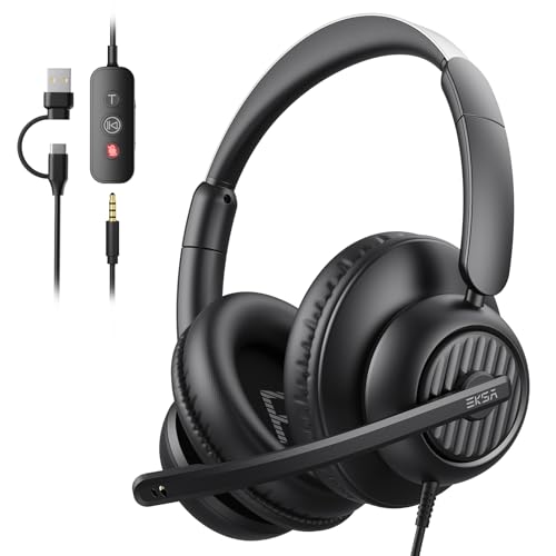 EKSA H8 USB Headset with Microphone for Work, Stereo Wired Computer Headphones with Mic Noise Cancelling, in Line Controls, 3.5mm Jack USB-C/A Over-Ear Headset for PC Laptop Office Call Center Teams - Image 1