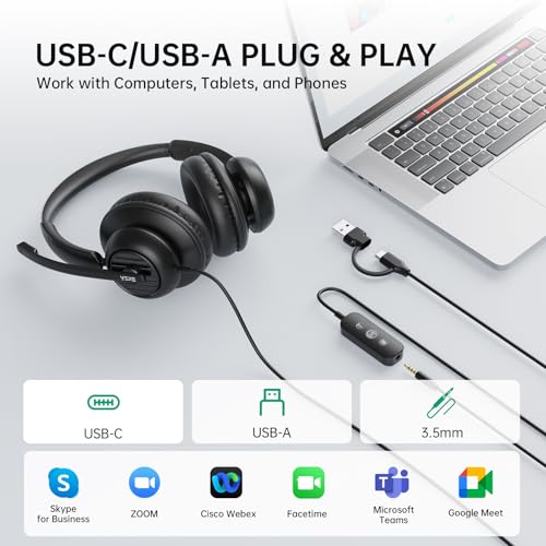 EKSA H8 USB Headset with Microphone for Work, Stereo Wired Computer Headphones with Mic Noise Cancelling, in Line Controls, 3.5mm Jack USB-C/A Over-Ear Headset for PC Laptop Office Call Center Teams - Image 5