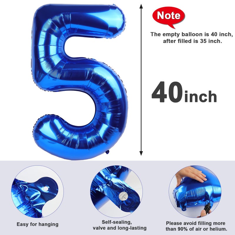 Mluchee 5 Balloon Numbers 40 Inch Blue Birthday Decorations for 5th Boys Girls, Self Inflating Big Navy Number Balloons for 15 25 35 50 Women Men Graduation Party Decor Supplies - Image 5
