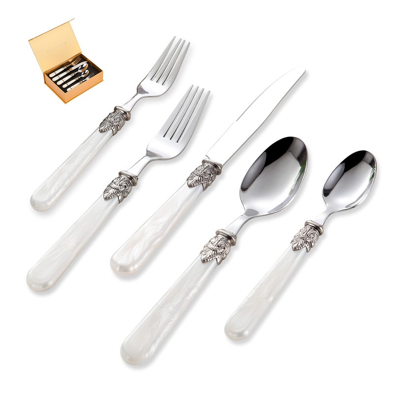 CATHYLIN 20 pieces Stainless Steel Vintage Flatware Sets With White Hanld,Silverware Set For 4,Dishware Safe(20, White) - Image 1