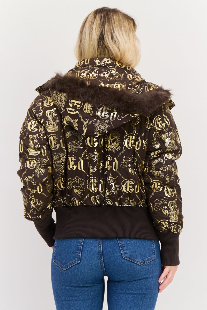 Ed Hardy جاكيت نسائي مزخرف بغطاء رأس، بني - Image 3