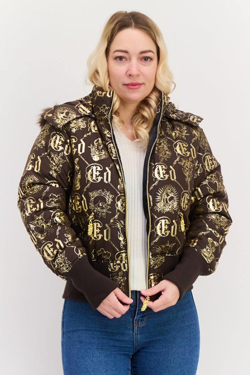 Ed Hardy جاكيت نسائي مزخرف بغطاء رأس، بني - Image 1