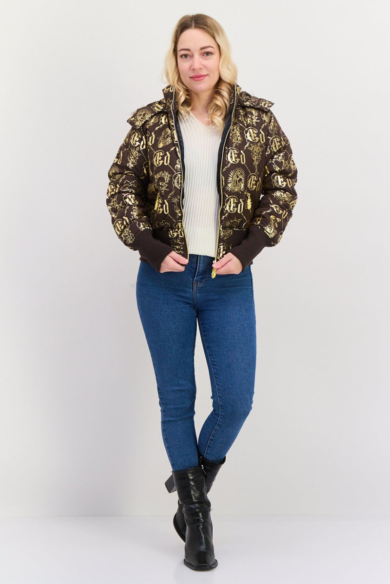 Ed Hardy جاكيت نسائي مزخرف بغطاء رأس، بني - Image 4